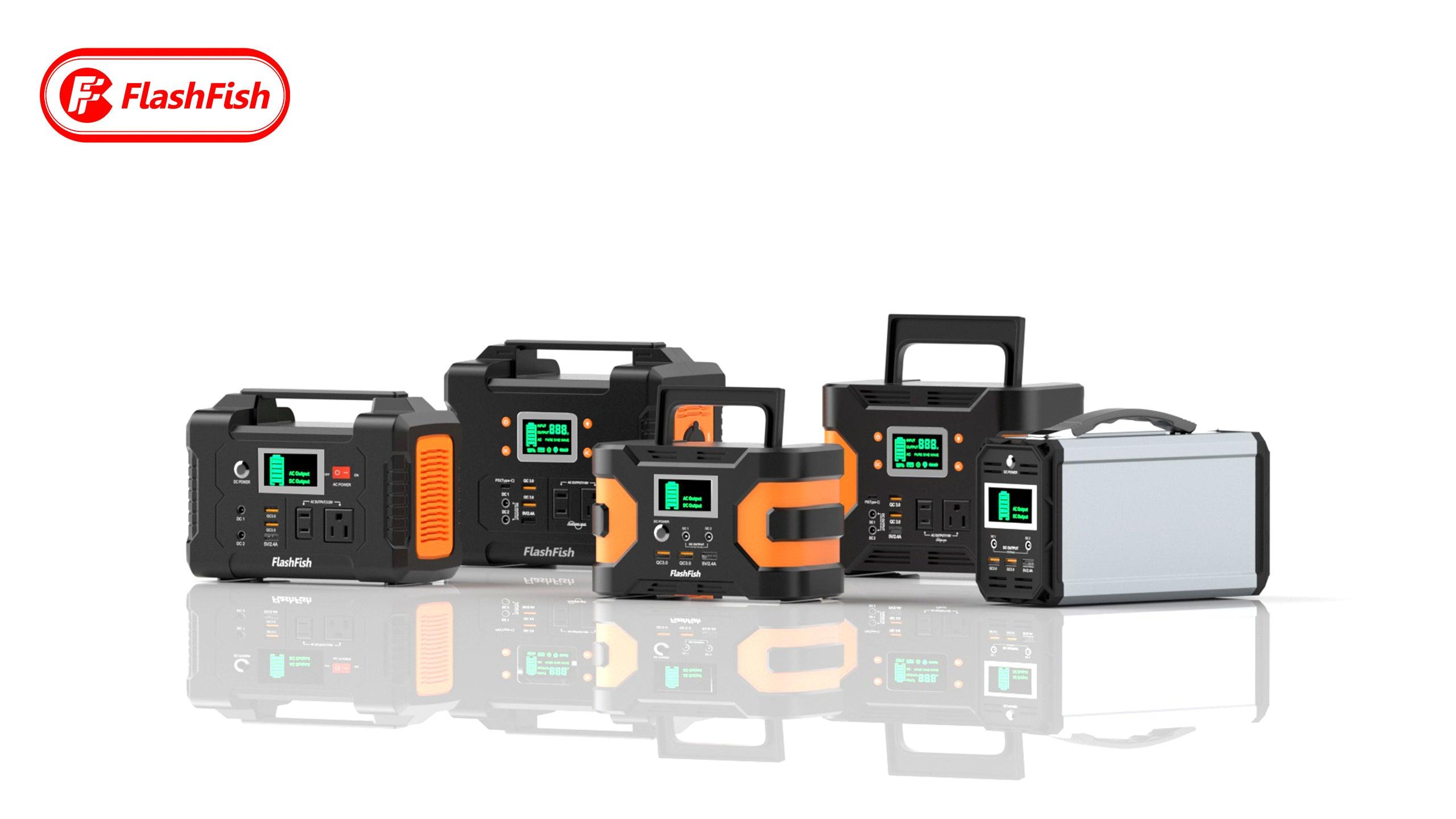 FlashFish portable power station lineup on a white background