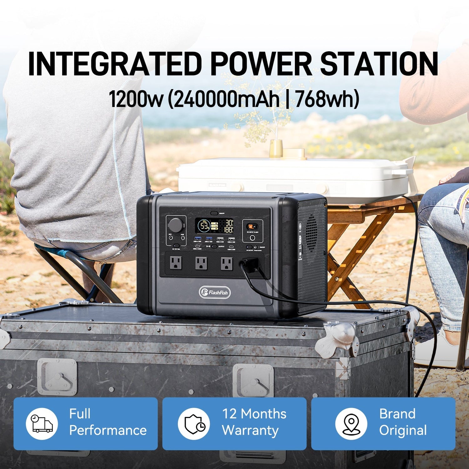 FlashFish T1200S portable power station in an outdoor group setup