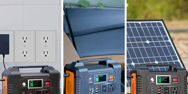Portable power station shown in three device connection views