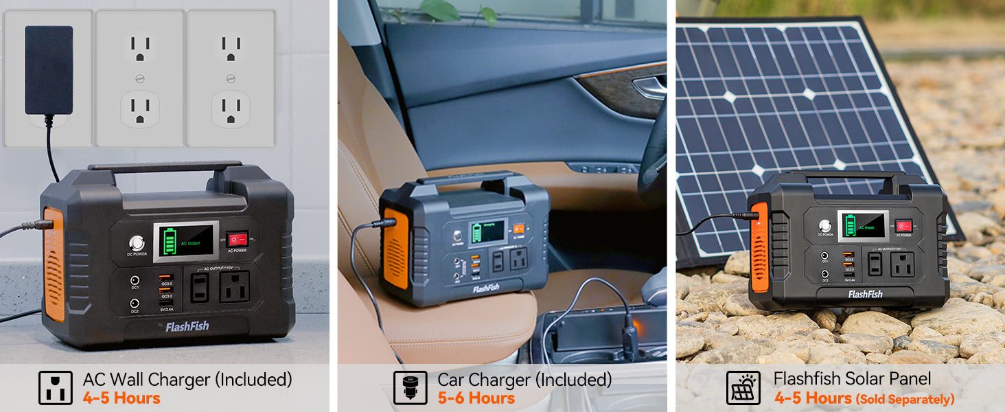 FlashFish portable power station shown in wall, car, and solar charging scenes