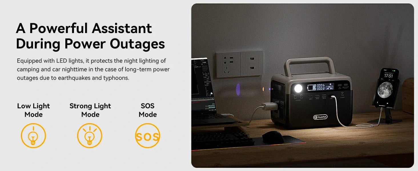 Portable power station on a desk beside a laptop, phone, and wall outlets