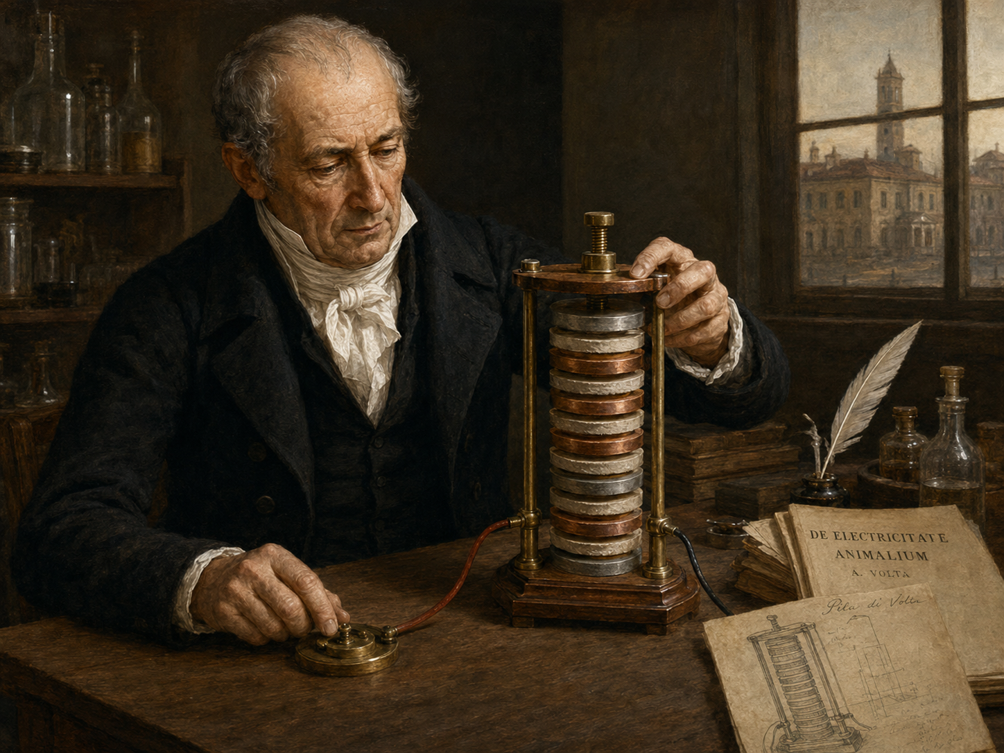 Illustration of Alessandro Volta examining a voltaic pile