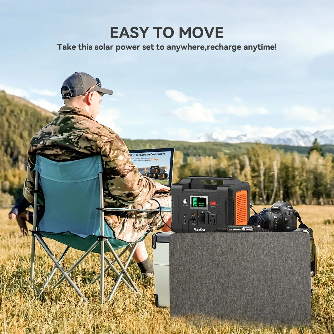 Camper using a laptop beside a FlashFish E200 power station and folded solar panel