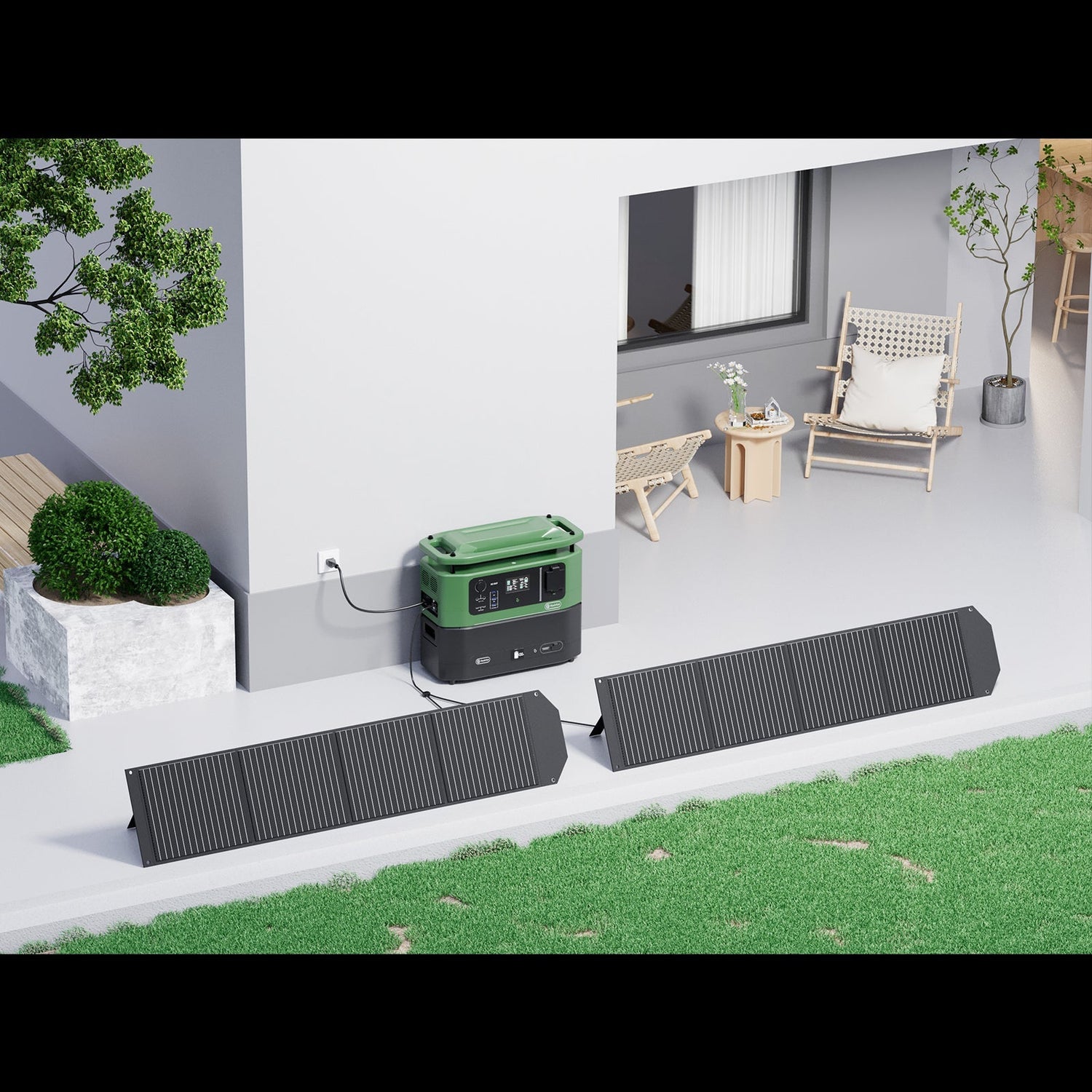 FlashFish portable solar panels set up outdoors with a power station
