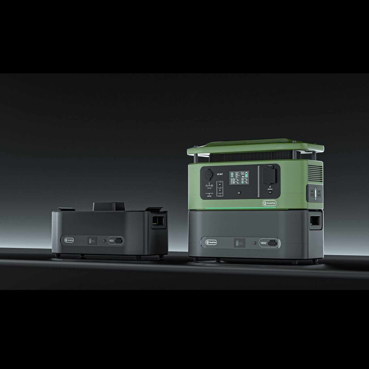 FlashFish modular power equipment on a dark studio background
