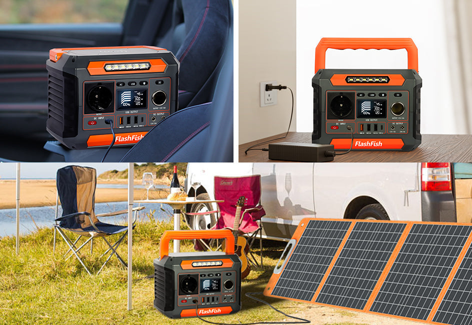 FlashFish portable power station shown in vehicle-side, wall-charging, and solar scenes