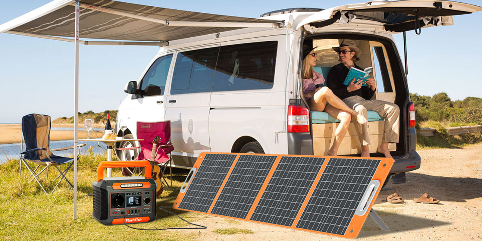 FlashFish solar panel and portable power station at an RV campsite for camp lighting top-up
