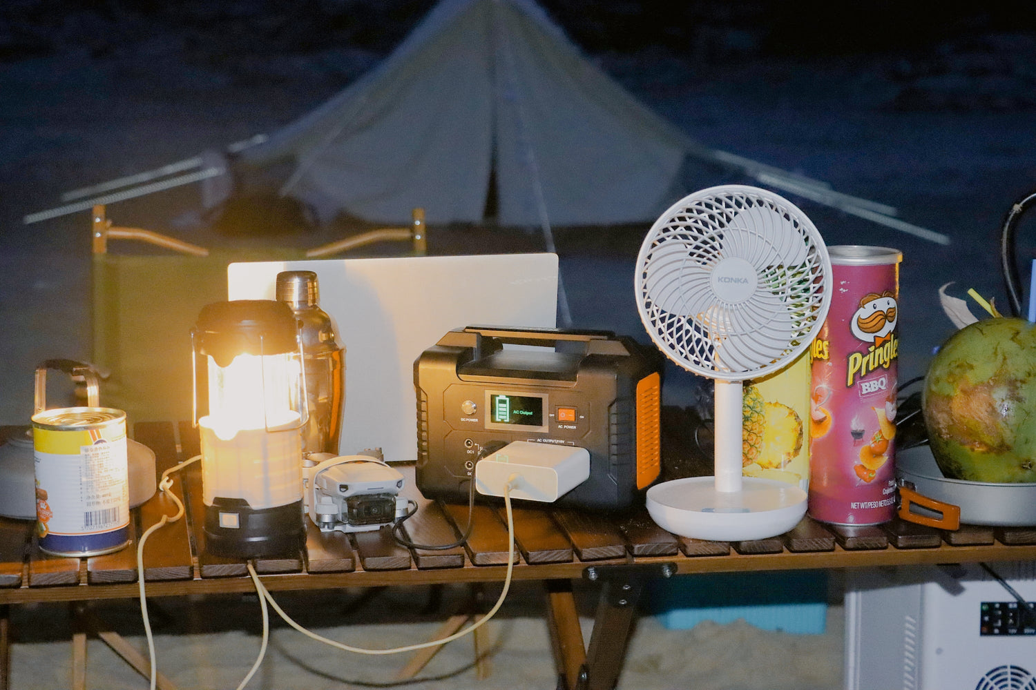 Camping fan and devices powered at a campsite table with a FlashFish power station