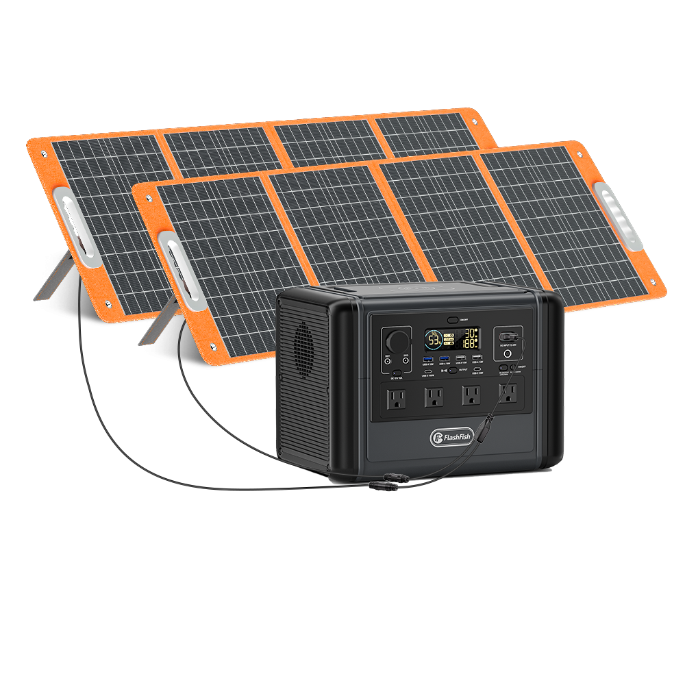 FlashFish T1200S portable power station shown with two foldable solar panels