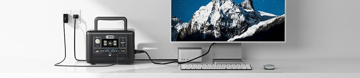 Portable power station, monitor and desktop equipment on a table beside wall outlets.