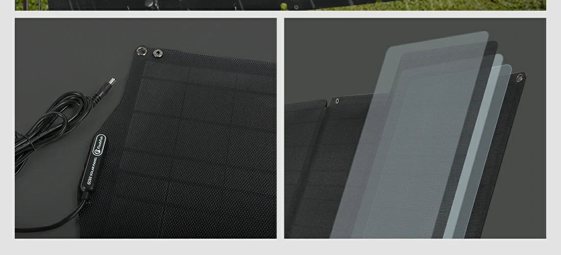 Close-up of a foldable solar panel cable and layered panel construction