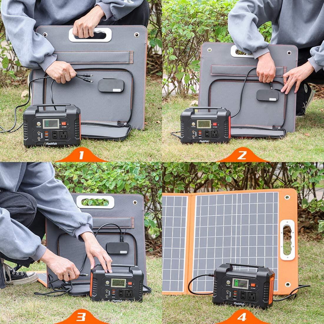 Four outdoor views show a person handling a folding solar panel and cables beside a portable power station on grass.
