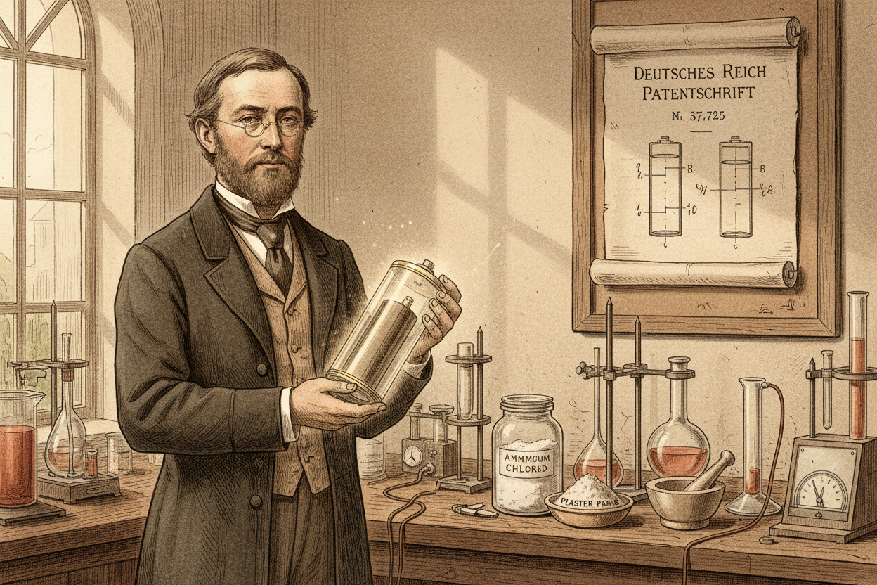 German scientist Carl Gassner patented the first successful "dry cell." By using a paste of ammonium chloride mixed with plaster of Paris, he created a battery that worked in any position.
