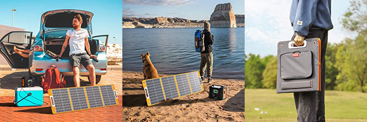 Foldable orange solar panel shown in three outdoor travel and carrying scenes