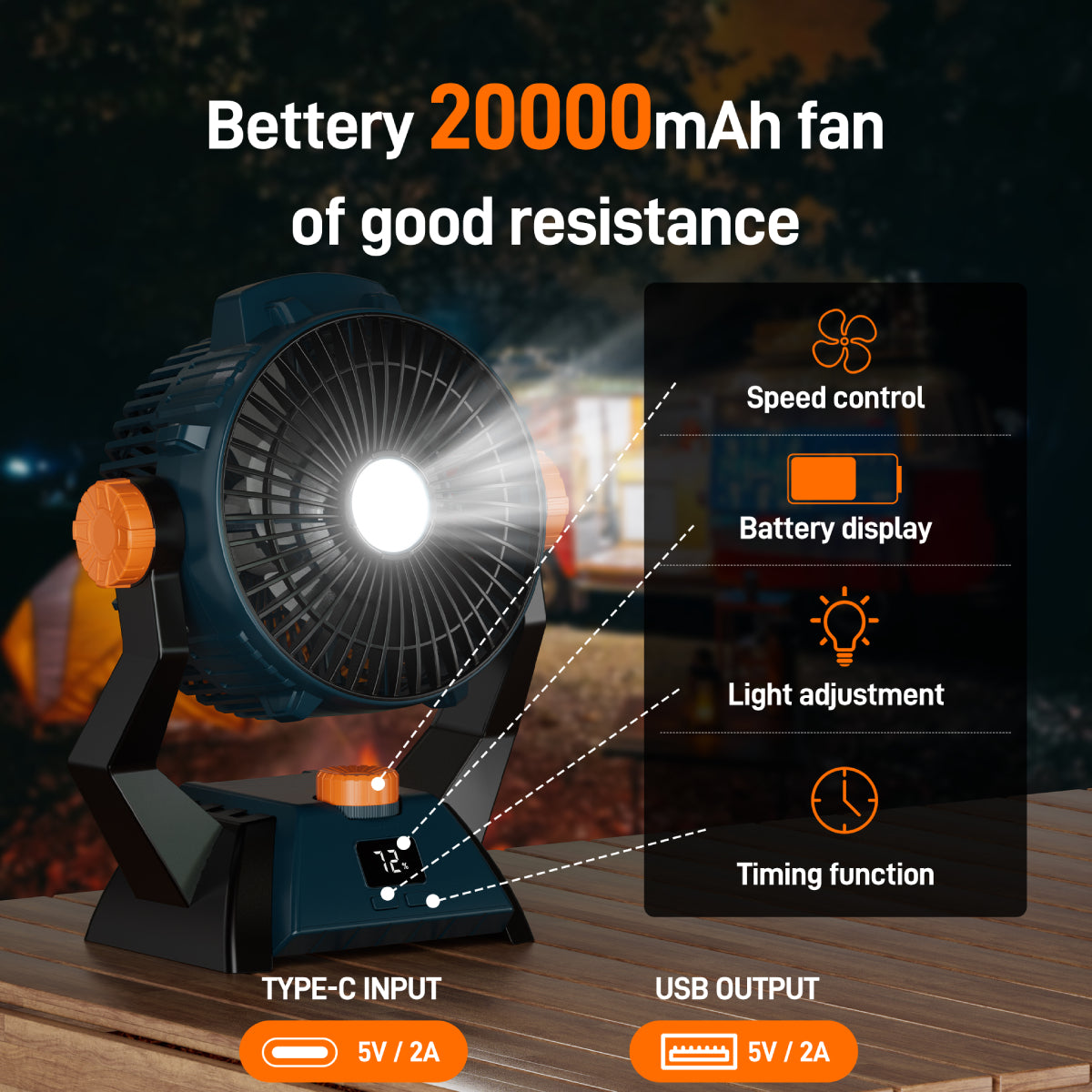 X60-3 in 1 Outdoor Camping Fan with Triple Functionality Rechargeable Large Capacity 20000mAh Fan with LED Light