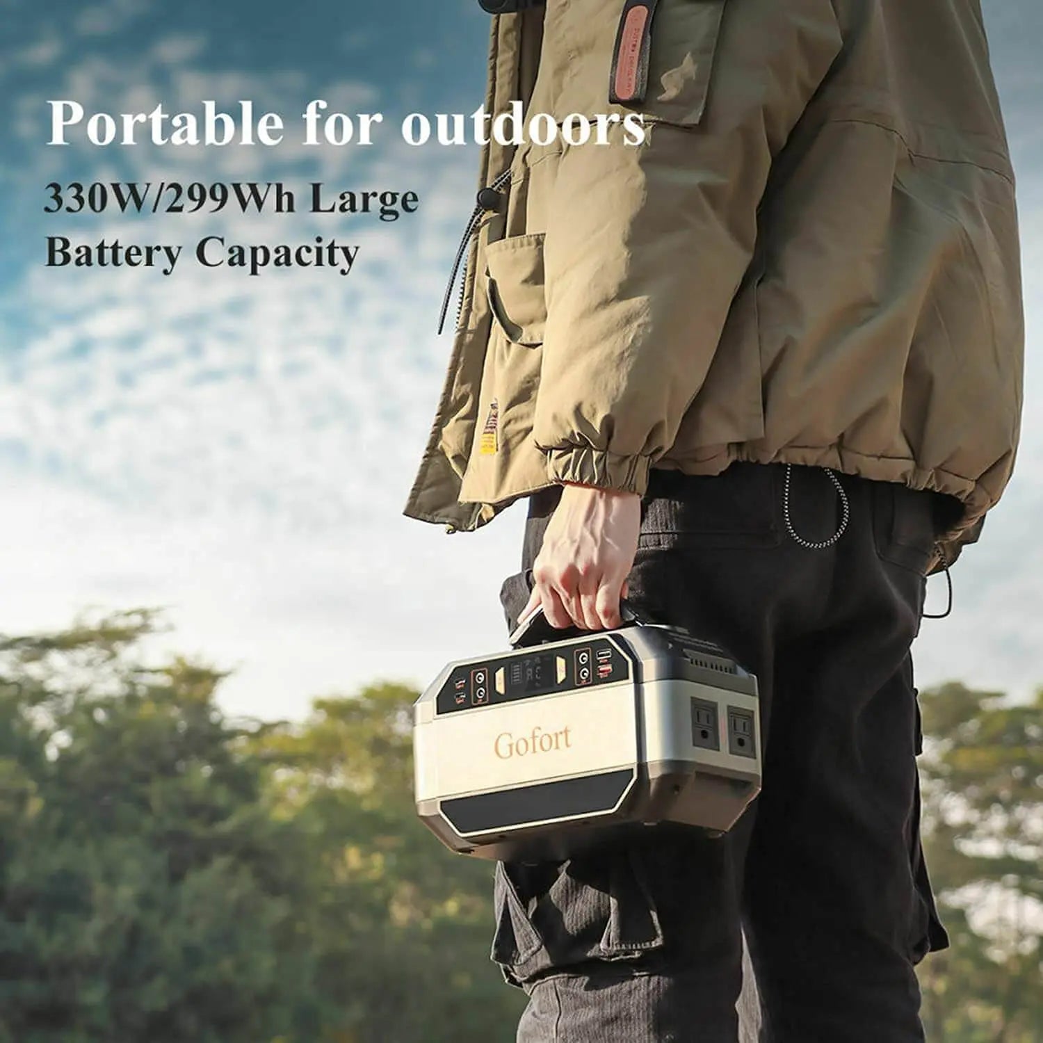 FlashFish P56 Portable Power Station with 330W output and 288Wh capacity.