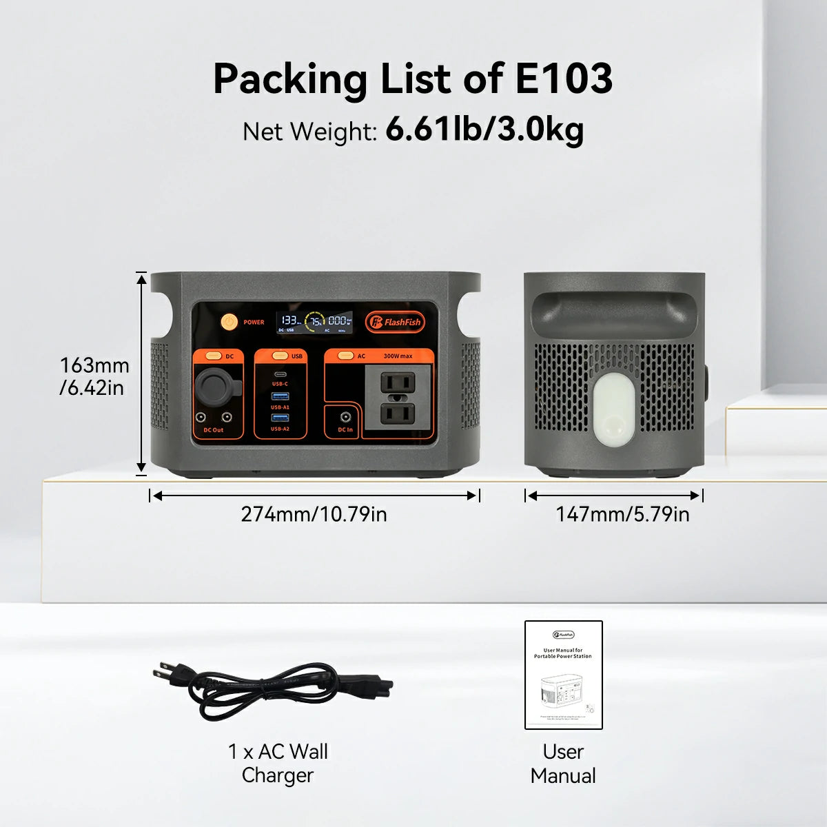 FlashFish E103 portable power station product detail image with ports, battery or outdoor use