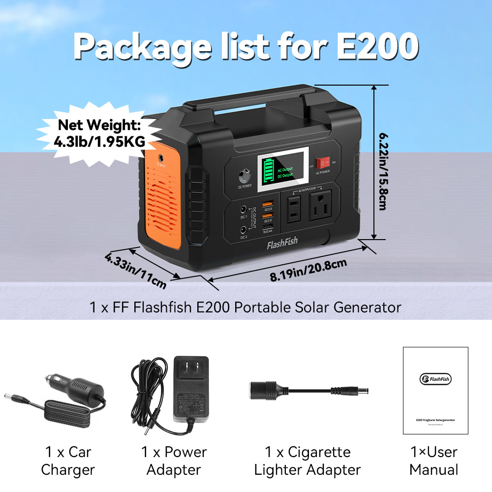 FlashFish E200 Solar Gnerator Kit丨AC Output 200W, 151Wh Battery, 50W / 60W Solar Panel
