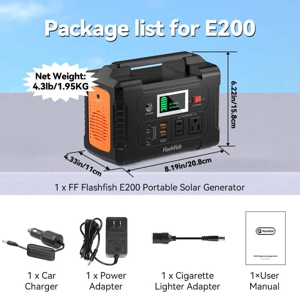 FlashFish E200 Solar Gnerator Kit丨AC Output 200W, 151Wh Battery, 50W / 60W Solar Panel