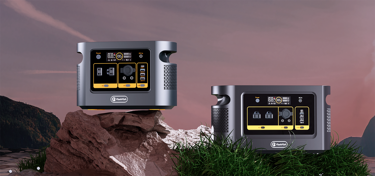 Two silver FlashFish station fronts illustrated against rocks and a dusk sky