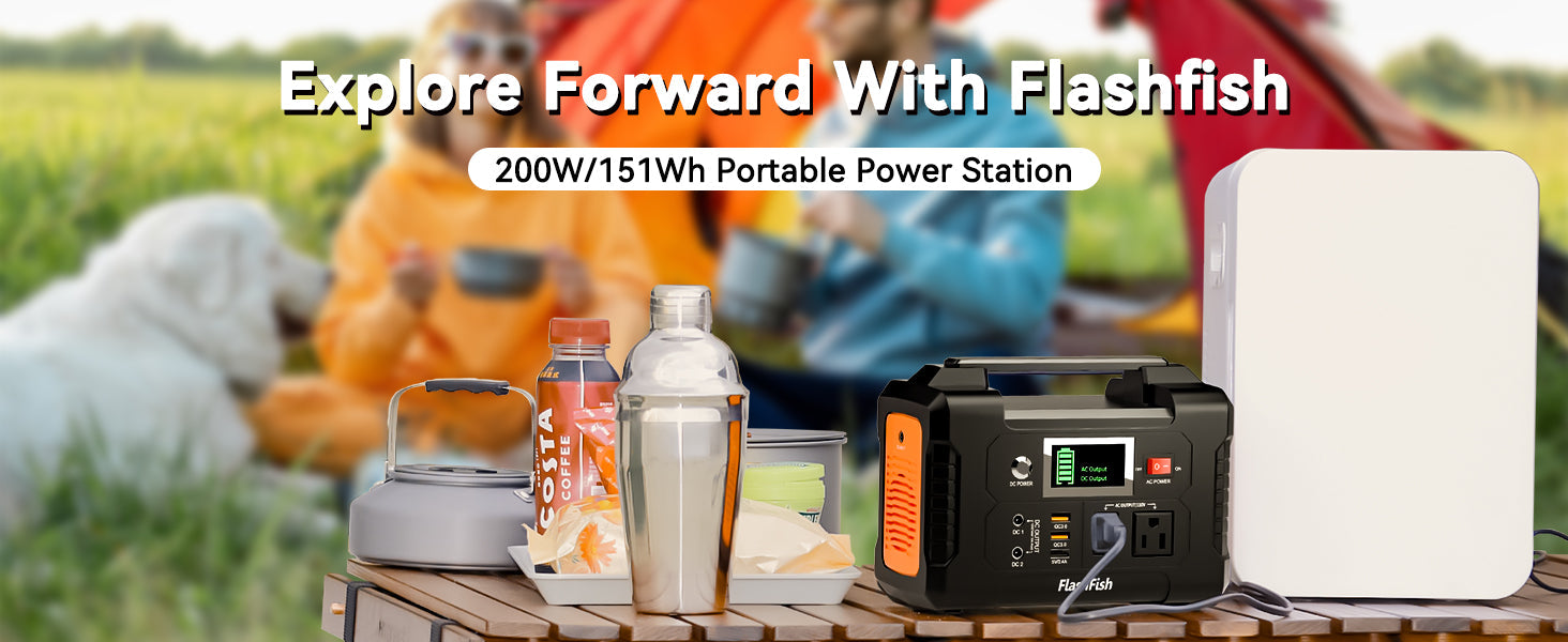 FlashFish portable power station on a campsite table with personal camping items