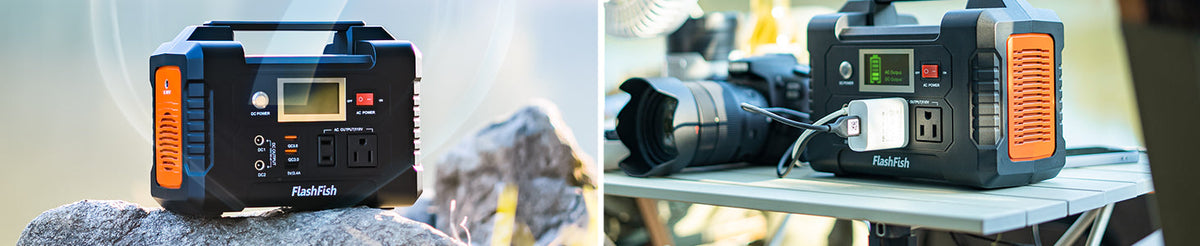 Two views of FlashFish E200, including one beside a camera on an outdoor table.