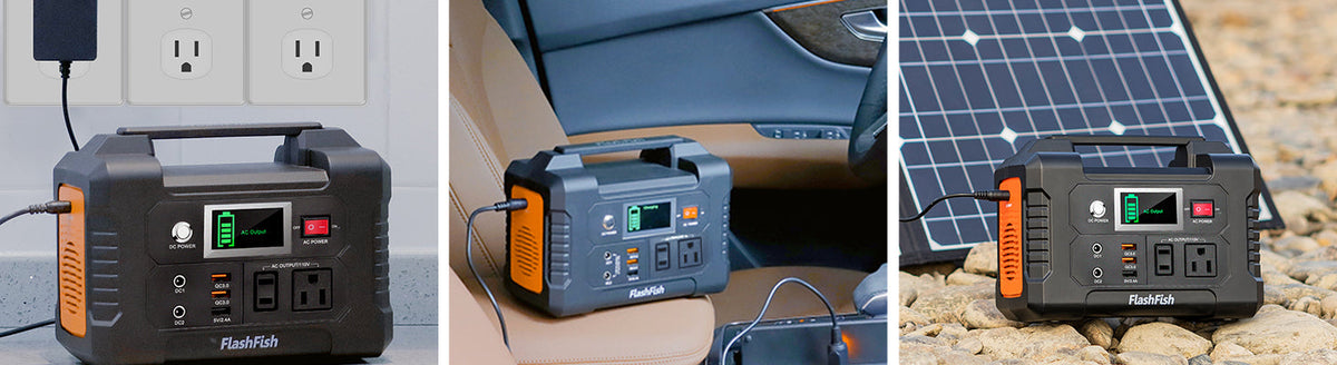 Three views of a FlashFish E200 by wall outlets, inside a car, and beside a solar panel