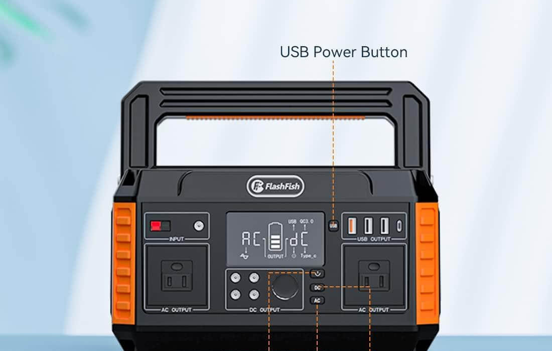 Front controls, display, and output ports of a portable power station against a blue background