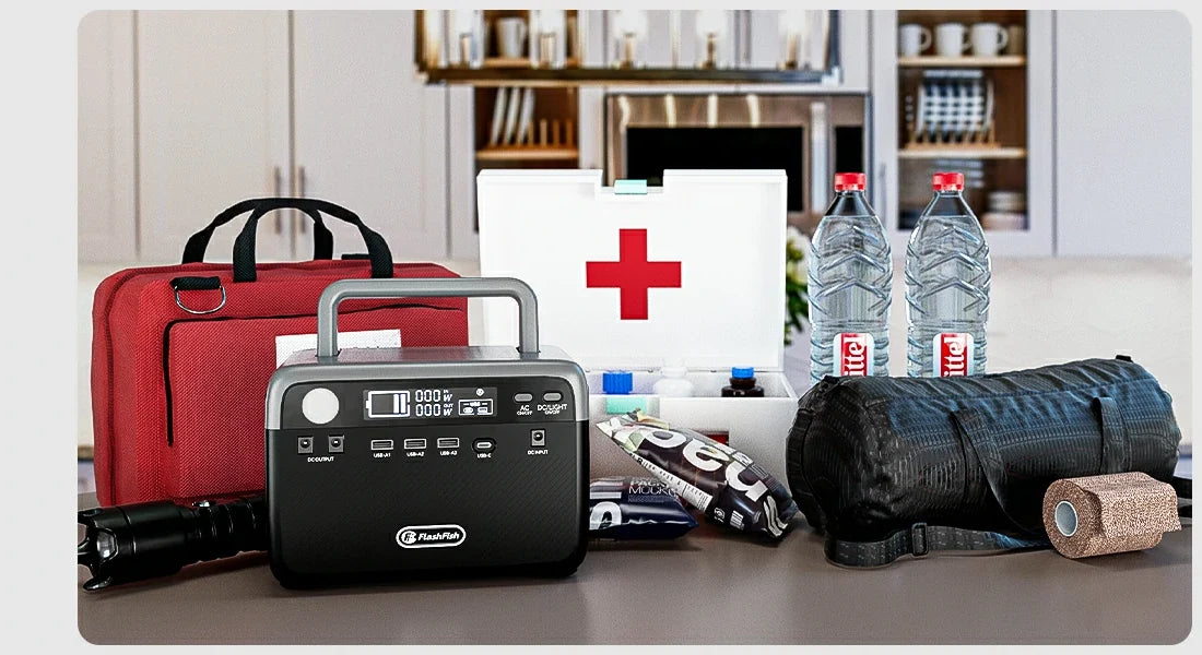 FlashFish power station beside a home emergency kit and water bottles