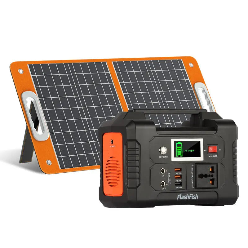 FlashFish E200 power station beside a foldable solar panel