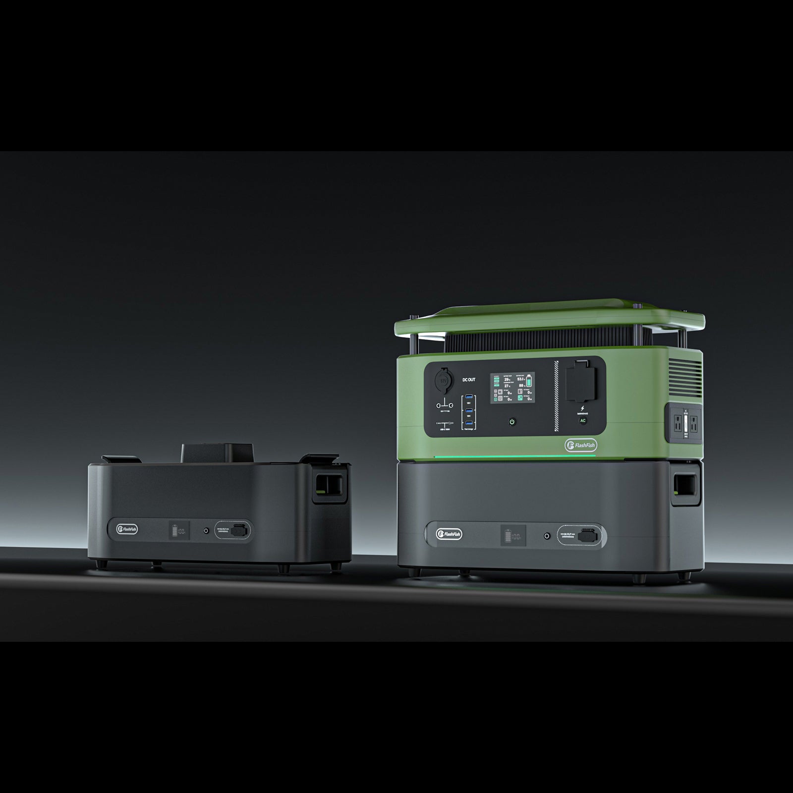 Two modular portable power units on a dark studio background