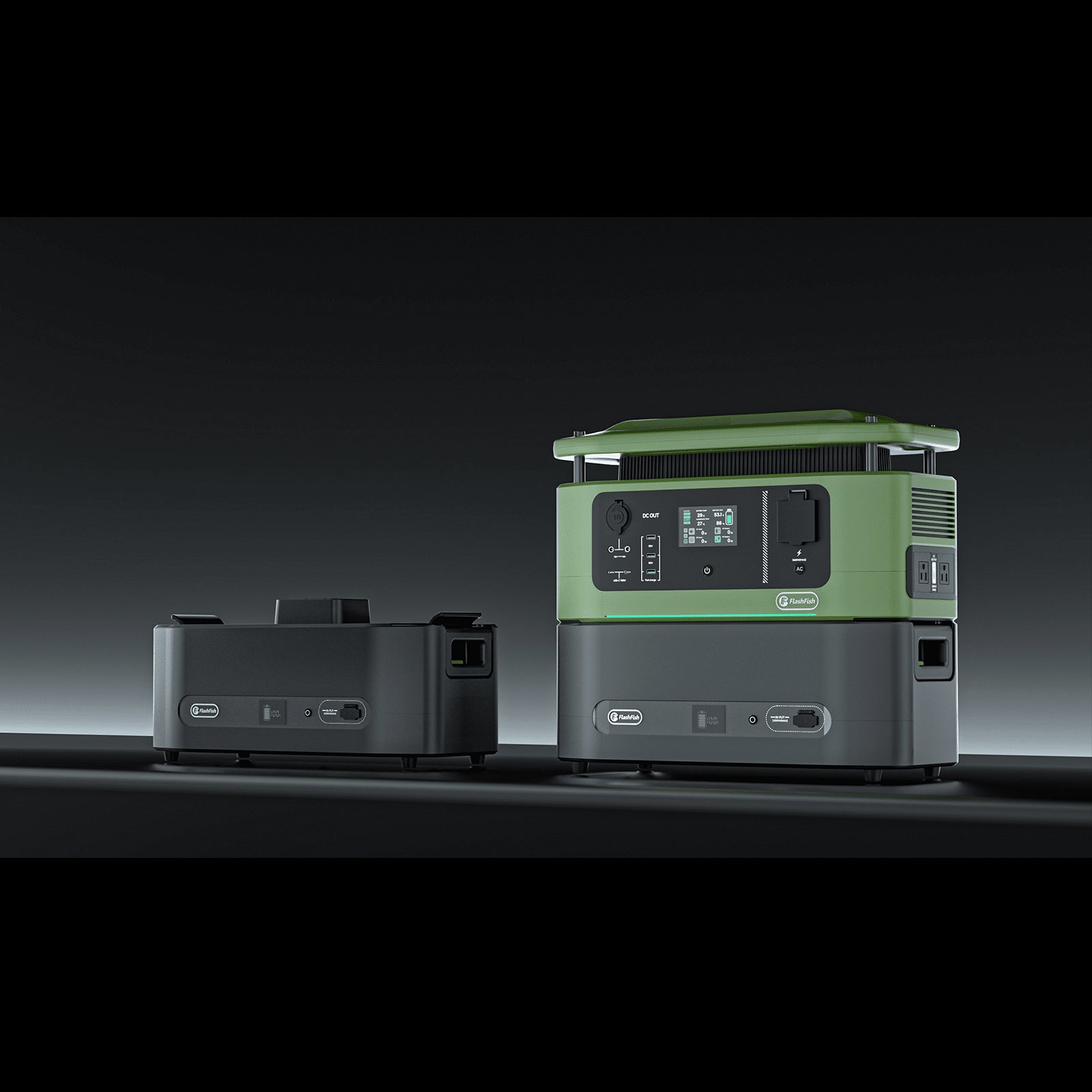 FlashFish modular power equipment on a dark studio background