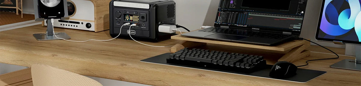 A portable power station sits on a wooden desk beside a phone, laptop, keyboard and tablet.