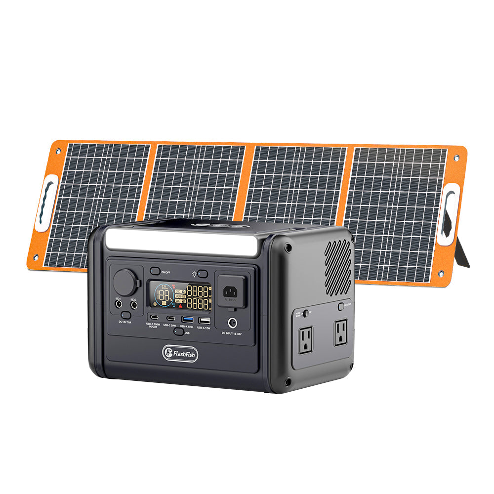 FlashFish T300PRO portable power station with a foldable solar panel outdoors