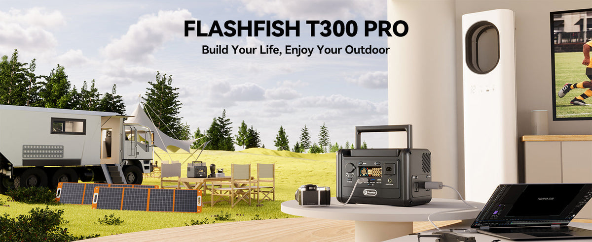 FlashFish T300Pro illustration showing a station on a table, a laptop, and an outdoor camping scene.