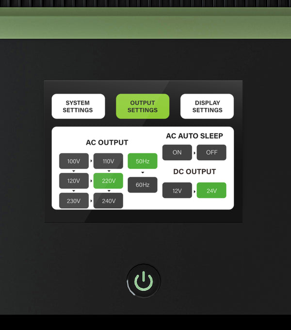 Close view of a portable power station display and output settings
