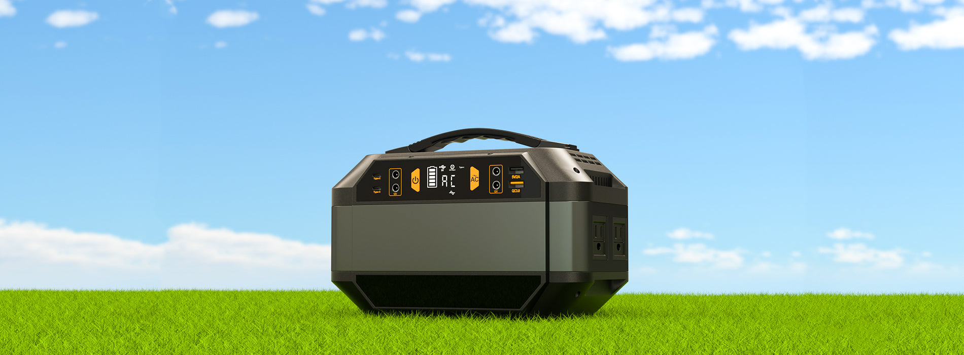 FlashFish portable power station displayed on grass beneath a blue sky