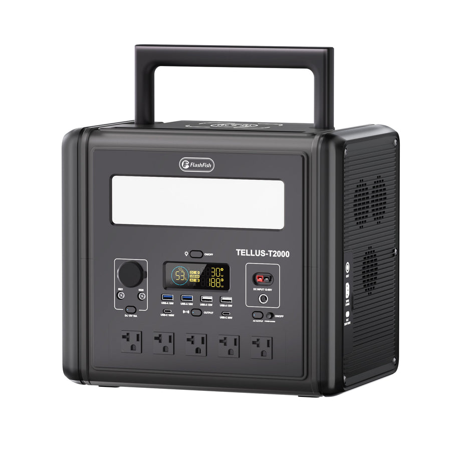FlashFish T2000 2000W LiFePO4 portable power station with 1536Wh capacity and pure sine wave AC output