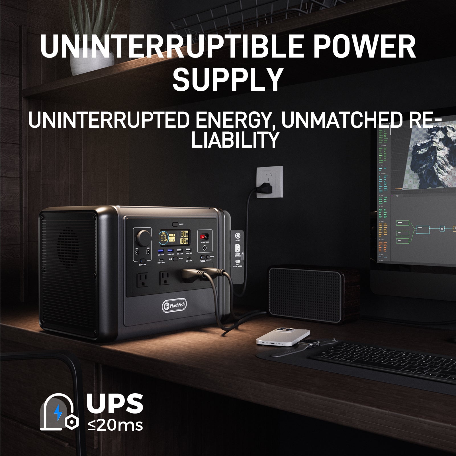 【LFP】Flashfish T1200S Portable Power Station | 1200W 768Wh/240000mAh | Pure sine wave | Lithium iron phosphate battery