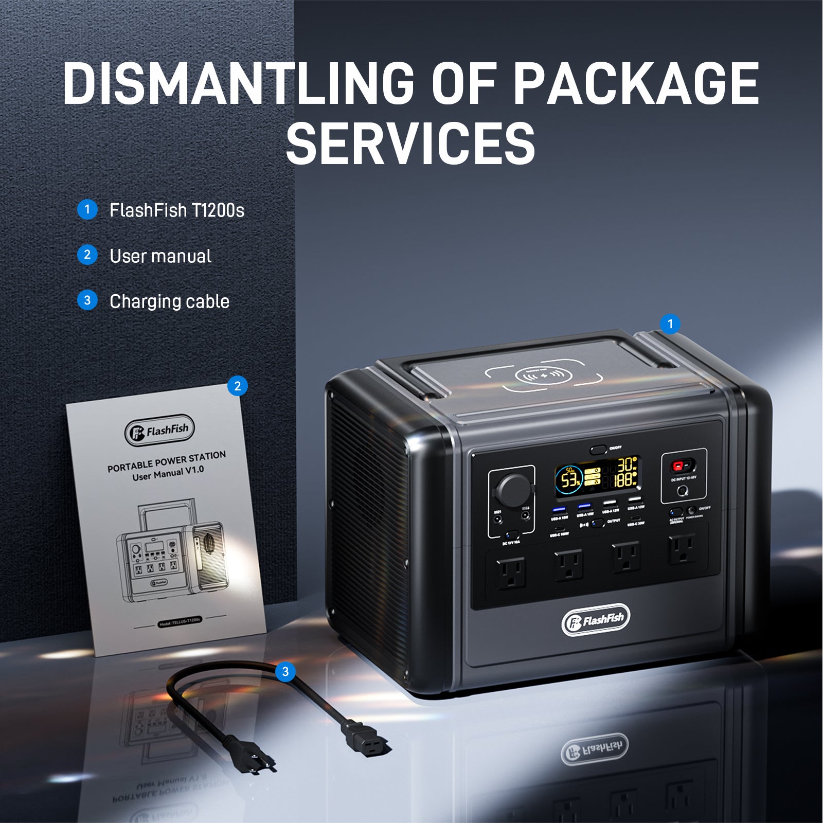 【LFP】Flashfish T1200S Portable Power Station | 1200W 768Wh/240000mAh | Pure sine wave | Lithium iron phosphate battery