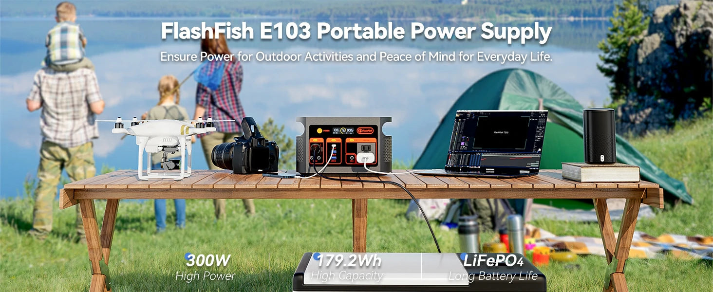 FlashFish E103 portable power station product detail image with ports, battery or outdoor use
