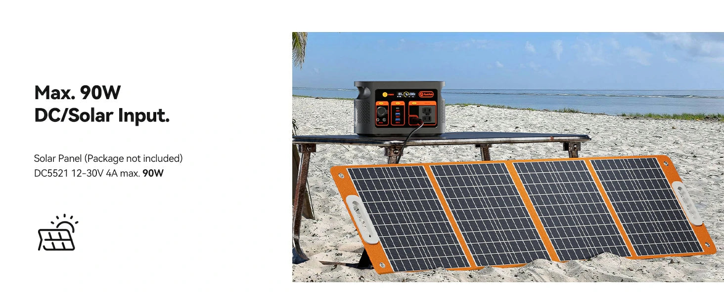 FlashFish E103 portable power station product detail image with ports, battery or outdoor use