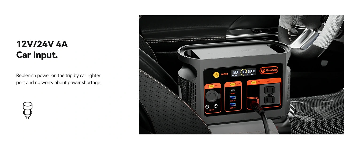 FlashFish E103 portable power station product detail image with ports, battery or outdoor use