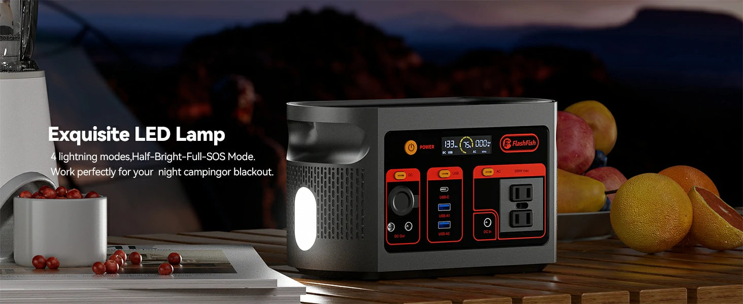 FlashFish E103 portable power station product detail image with ports, battery or outdoor use