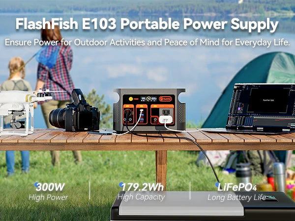 FlashFish E103 portable power station scene image for camping and outdoor backup power
