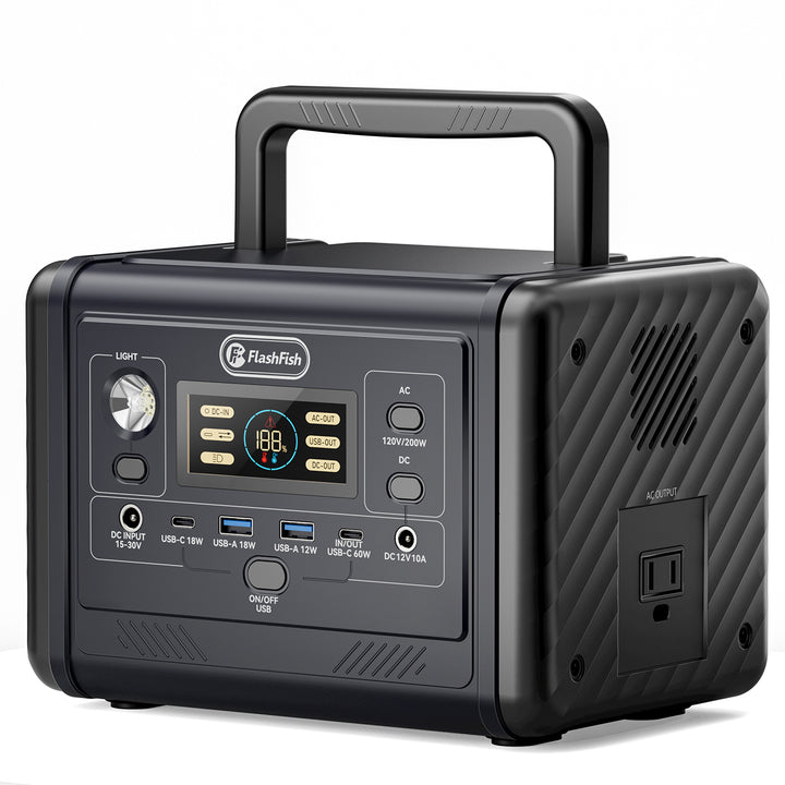 FlashFish T200 portable power station product detail and use-case image